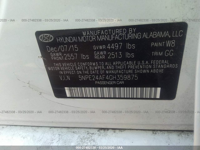 Photo 8 VIN: 5NPE24AF4GH359875 - HYUNDAI SONATA 