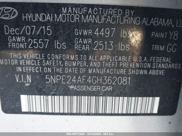 Photo 8 VIN: 5NPE24AF4GH362081 - HYUNDAI SONATA 