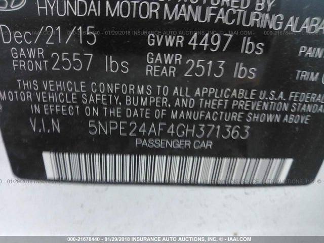 Photo 8 VIN: 5NPE24AF4GH371363 - HYUNDAI SONATA 