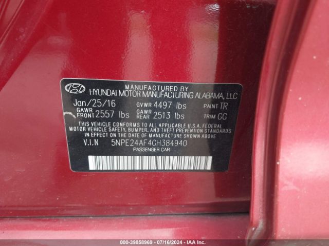 Photo 8 VIN: 5NPE24AF4GH384940 - HYUNDAI SONATA 