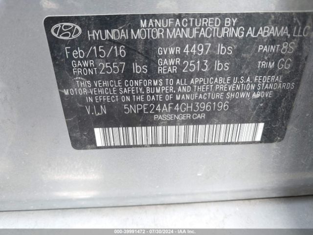 Photo 8 VIN: 5NPE24AF4GH396196 - HYUNDAI SONATA 