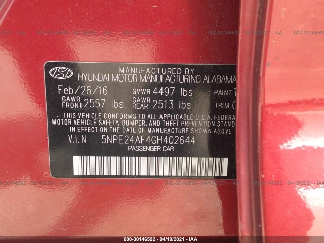 Photo 8 VIN: 5NPE24AF4GH402644 - HYUNDAI SONATA 