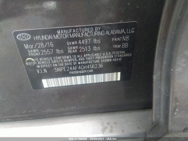 Photo 8 VIN: 5NPE24AF4GH416236 - HYUNDAI SONATA 