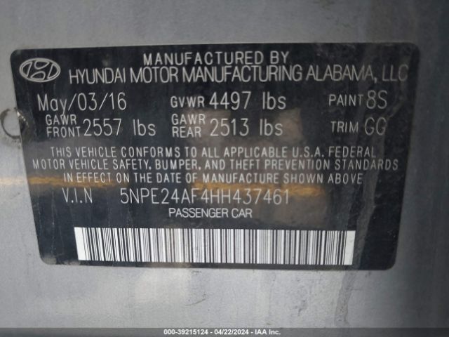 Photo 8 VIN: 5NPE24AF4HH437461 - HYUNDAI SONATA 