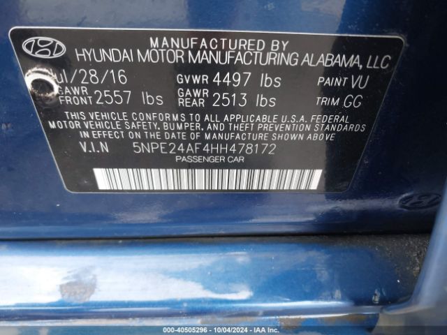 Photo 8 VIN: 5NPE24AF4HH478172 - HYUNDAI SONATA 