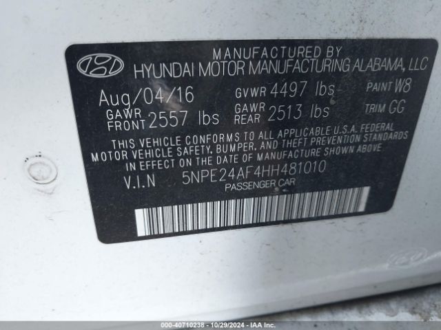 Photo 8 VIN: 5NPE24AF4HH481010 - HYUNDAI SONATA 