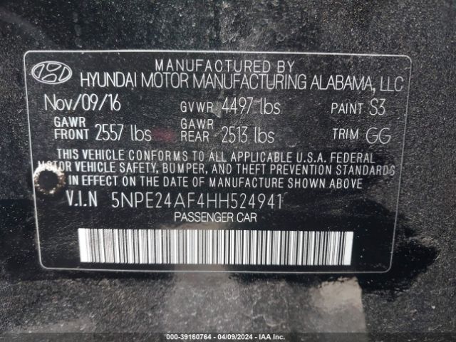 Photo 8 VIN: 5NPE24AF4HH524941 - HYUNDAI SONATA 