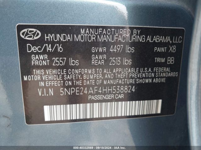 Photo 8 VIN: 5NPE24AF4HH538824 - HYUNDAI SONATA 