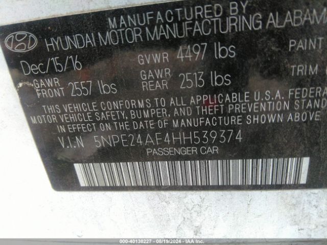 Photo 8 VIN: 5NPE24AF4HH539374 - HYUNDAI SONATA 