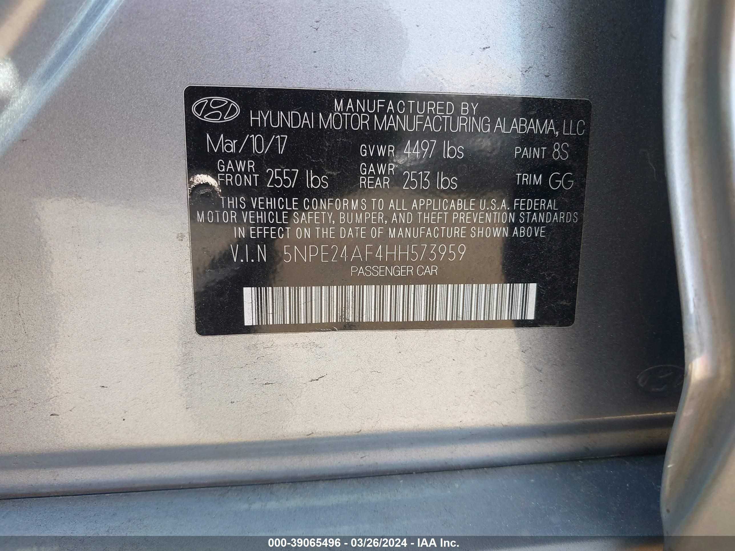 Photo 8 VIN: 5NPE24AF4HH573959 - HYUNDAI SONATA 