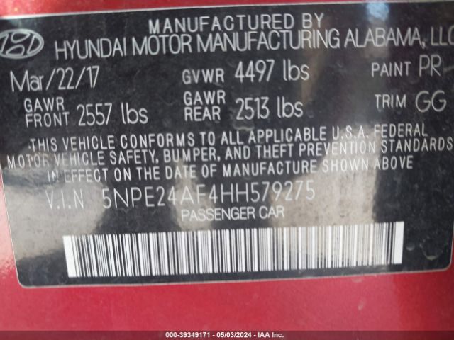 Photo 8 VIN: 5NPE24AF4HH579275 - HYUNDAI SONATA 