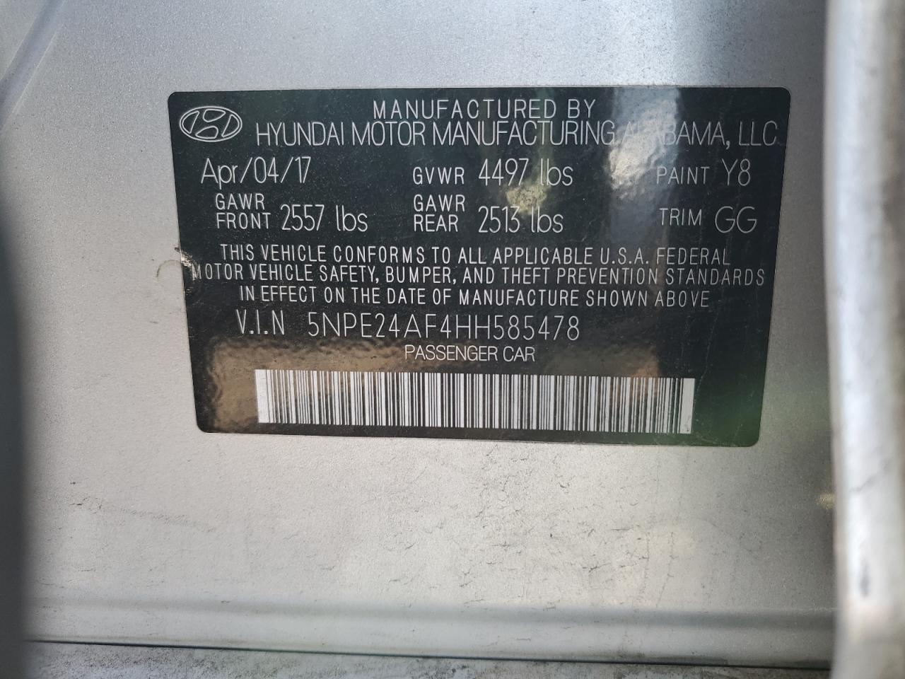 Photo 11 VIN: 5NPE24AF4HH585478 - HYUNDAI SONATA 