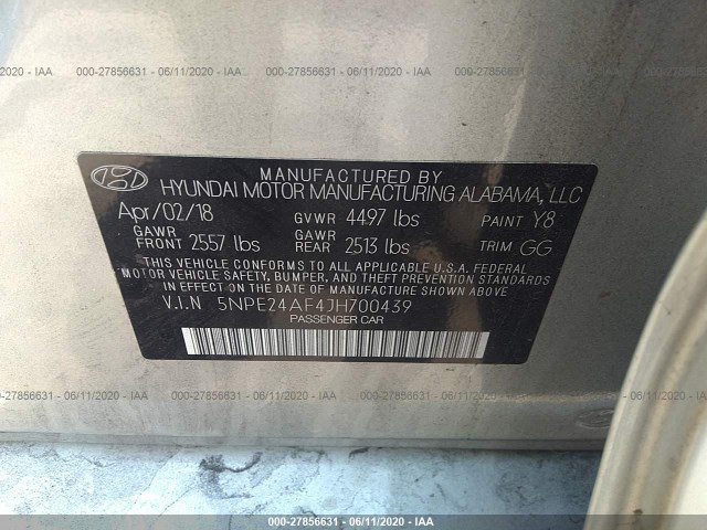 Photo 8 VIN: 5NPE24AF4JH700439 - HYUNDAI SONATA 