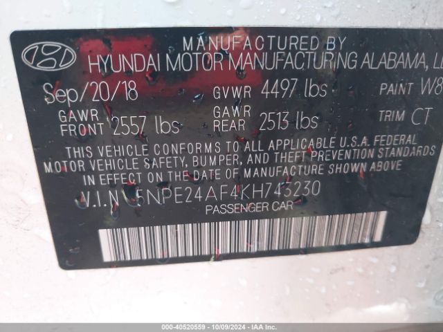 Photo 8 VIN: 5NPE24AF4KH743230 - HYUNDAI SONATA 