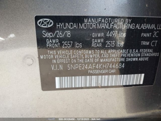 Photo 8 VIN: 5NPE24AF4KH744684 - HYUNDAI SONATA 