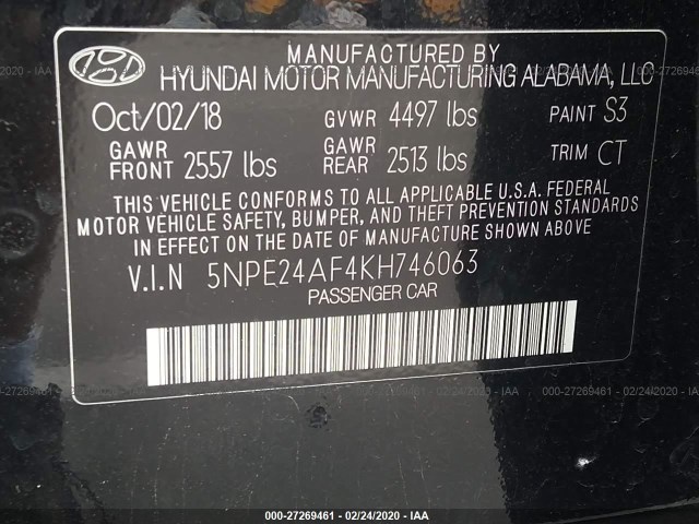 Photo 8 VIN: 5NPE24AF4KH746063 - HYUNDAI SONATA 