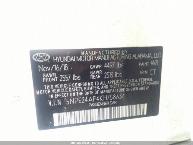 Photo 8 VIN: 5NPE24AF4KH758634 - HYUNDAI SONATA 