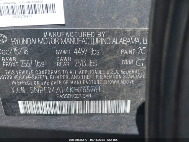 Photo 8 VIN: 5NPE24AF4KH765261 - HYUNDAI SONATA 