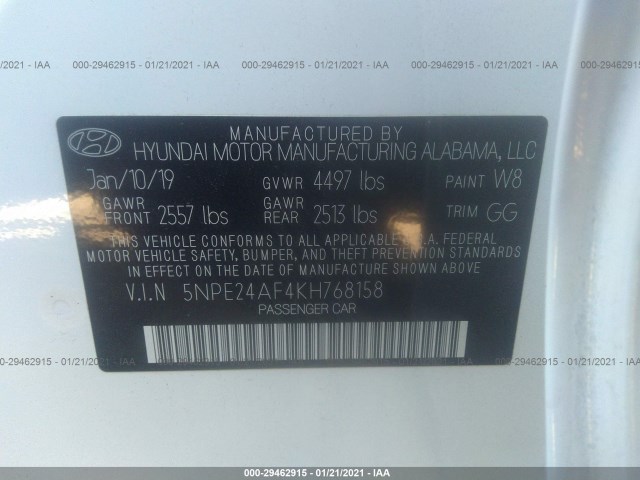 Photo 8 VIN: 5NPE24AF4KH768158 - HYUNDAI SONATA 