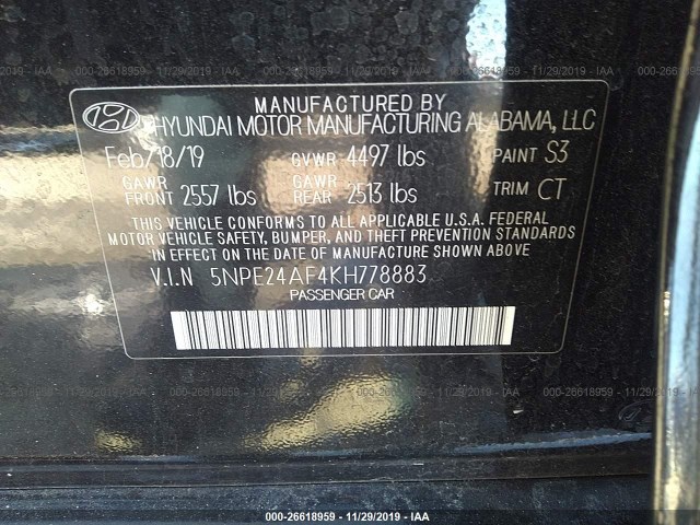 Photo 8 VIN: 5NPE24AF4KH778883 - HYUNDAI SONATA 