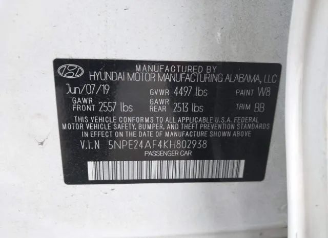 Photo 8 VIN: 5NPE24AF4KH802938 - HYUNDAI SONATA 