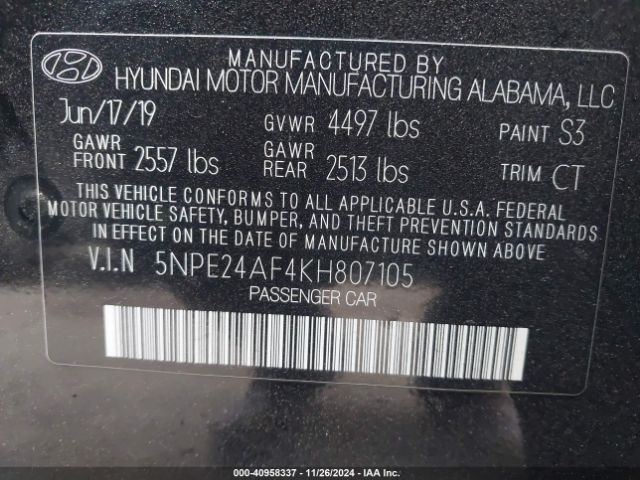 Photo 8 VIN: 5NPE24AF4KH807105 - HYUNDAI SONATA 