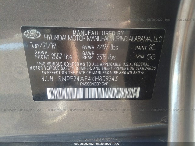 Photo 8 VIN: 5NPE24AF4KH809243 - HYUNDAI SONATA 