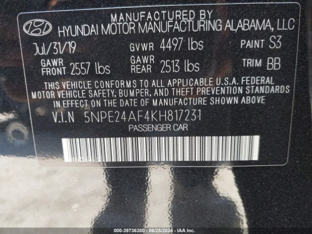 Photo 8 VIN: 5NPE24AF4KH817231 - HYUNDAI SONATA 