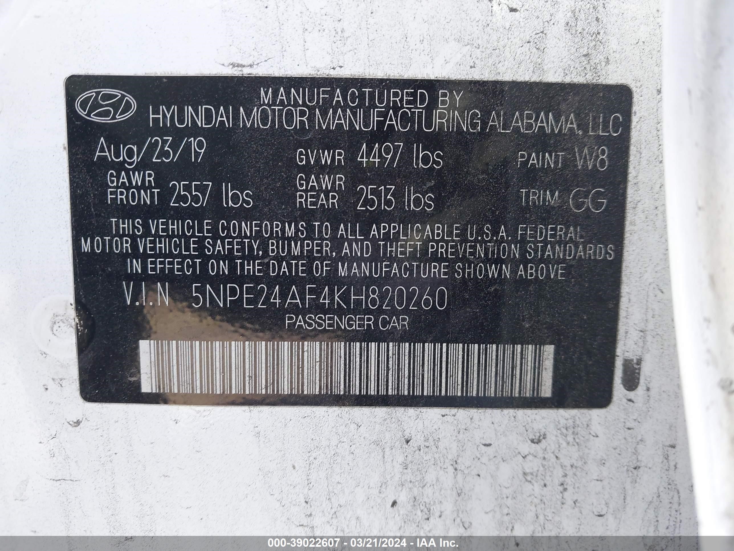 Photo 8 VIN: 5NPE24AF4KH820260 - HYUNDAI SONATA 