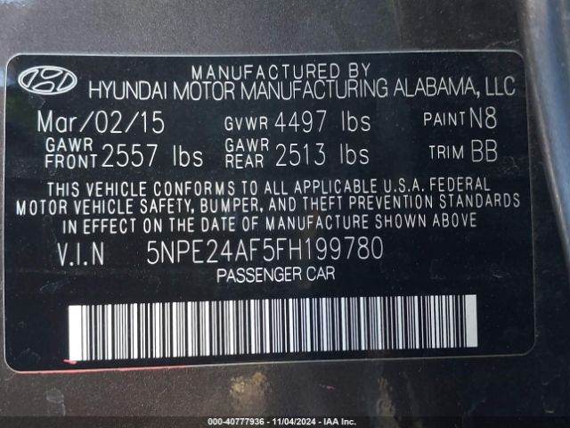 Photo 8 VIN: 5NPE24AF5FH199780 - HYUNDAI SONATA 