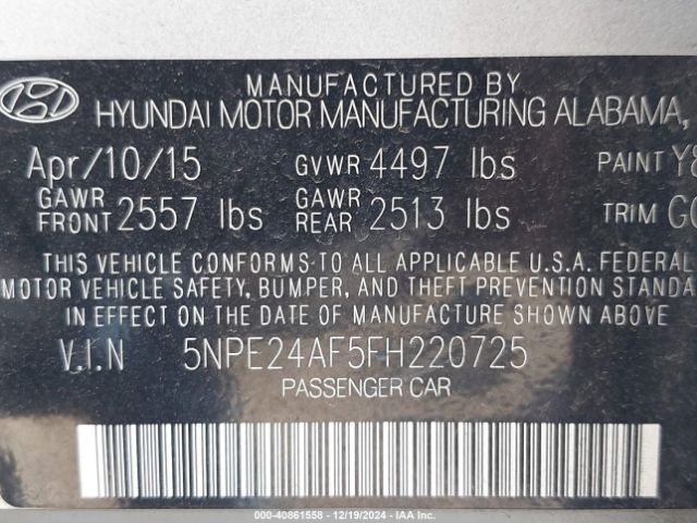 Photo 8 VIN: 5NPE24AF5FH220725 - HYUNDAI SONATA 