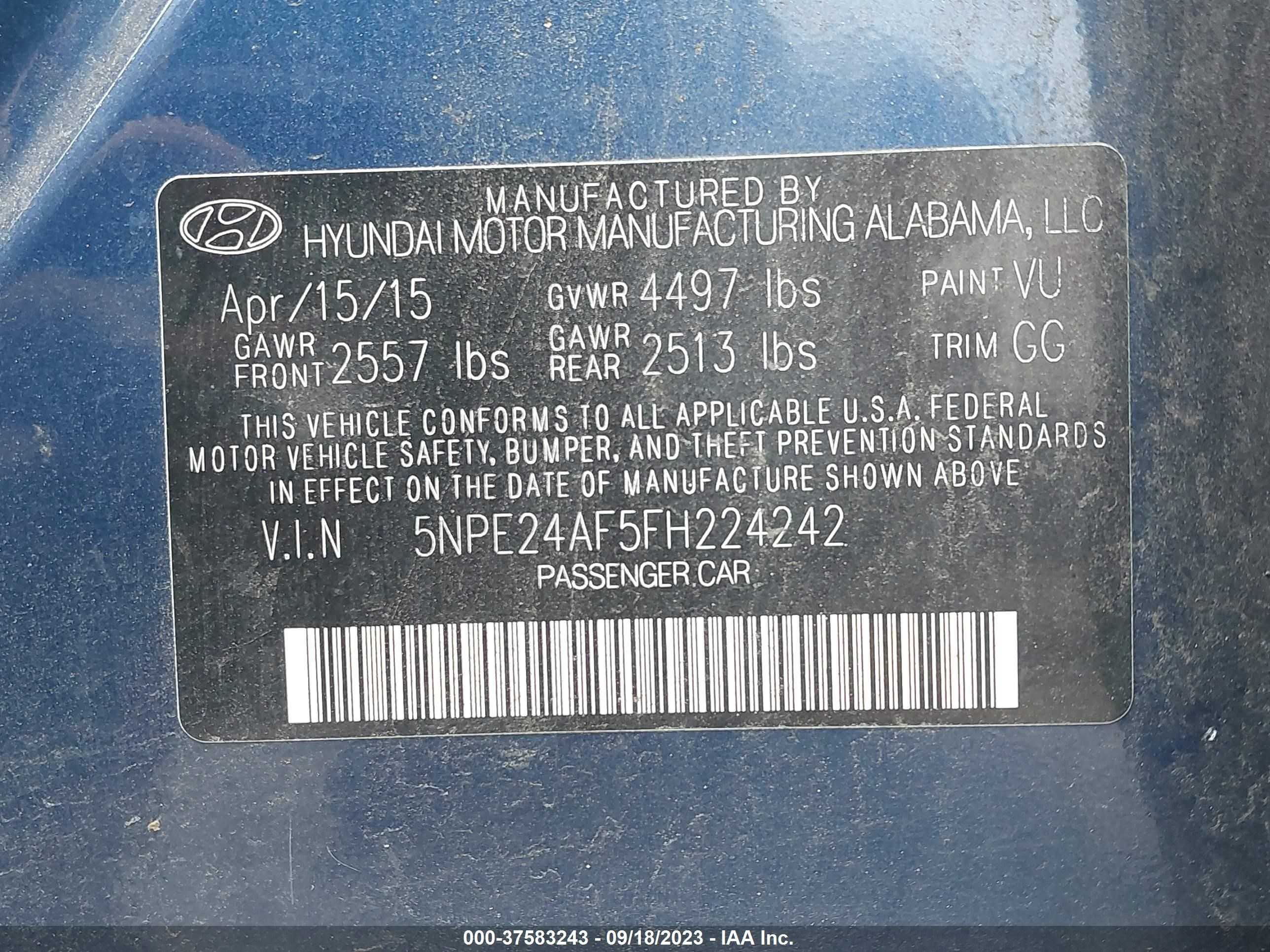 Photo 8 VIN: 5NPE24AF5FH224242 - HYUNDAI SONATA 