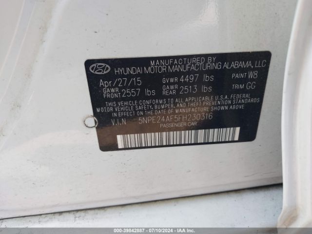 Photo 8 VIN: 5NPE24AF5FH230316 - HYUNDAI SONATA 