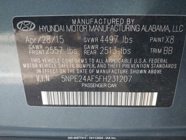 Photo 8 VIN: 5NPE24AF5FH231207 - HYUNDAI SONATA 