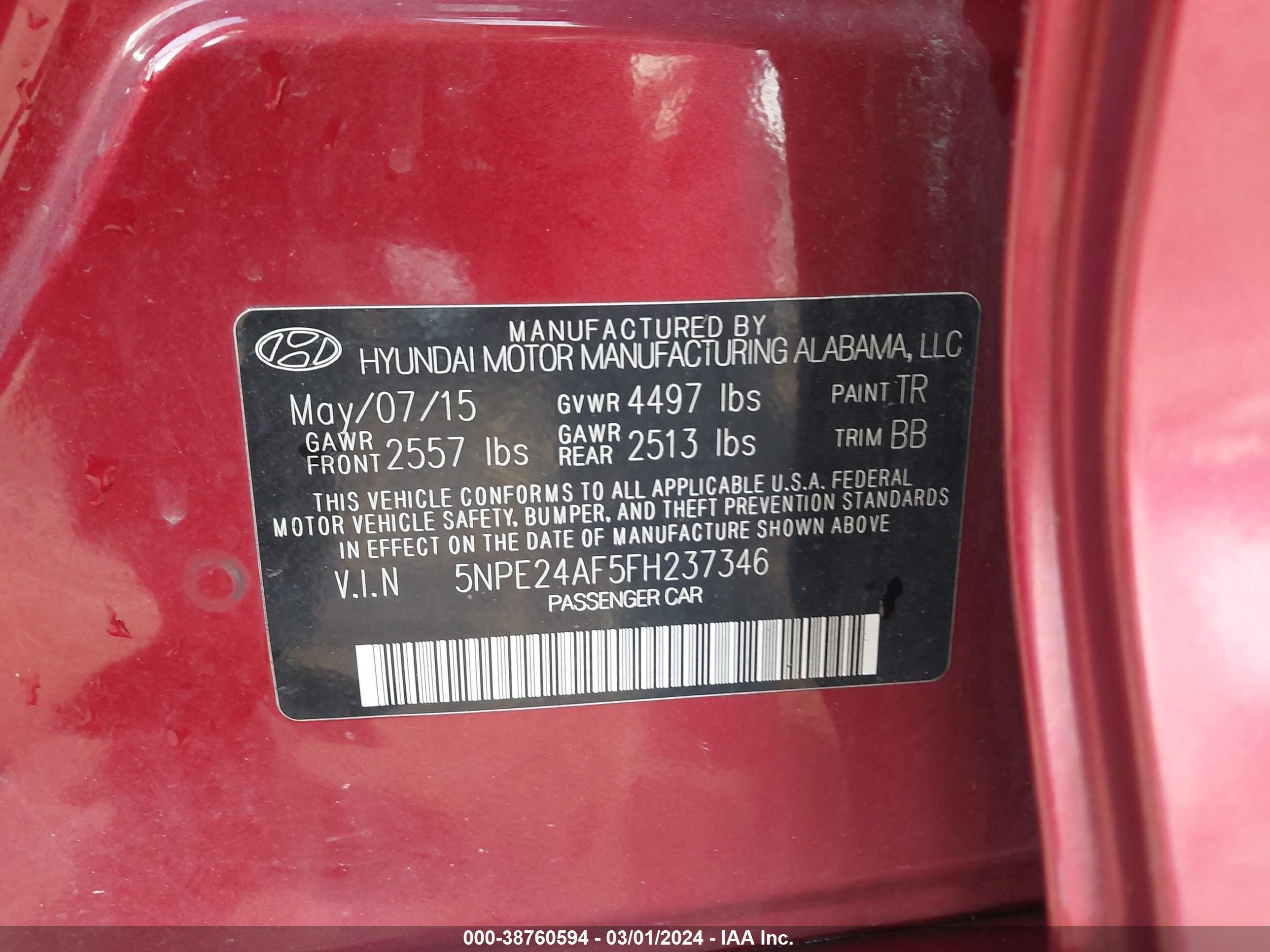 Photo 8 VIN: 5NPE24AF5FH237346 - HYUNDAI SONATA 