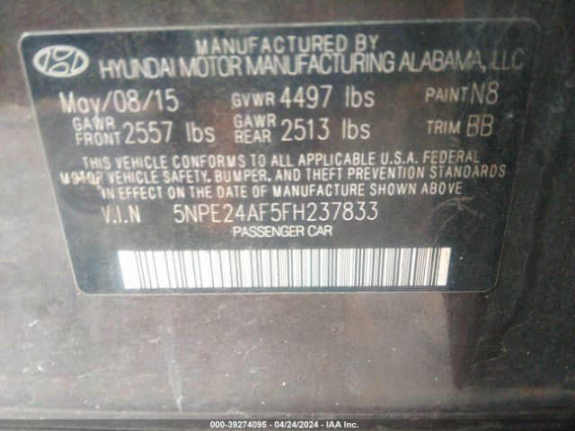 Photo 8 VIN: 5NPE24AF5FH237833 - HYUNDAI SONATA 