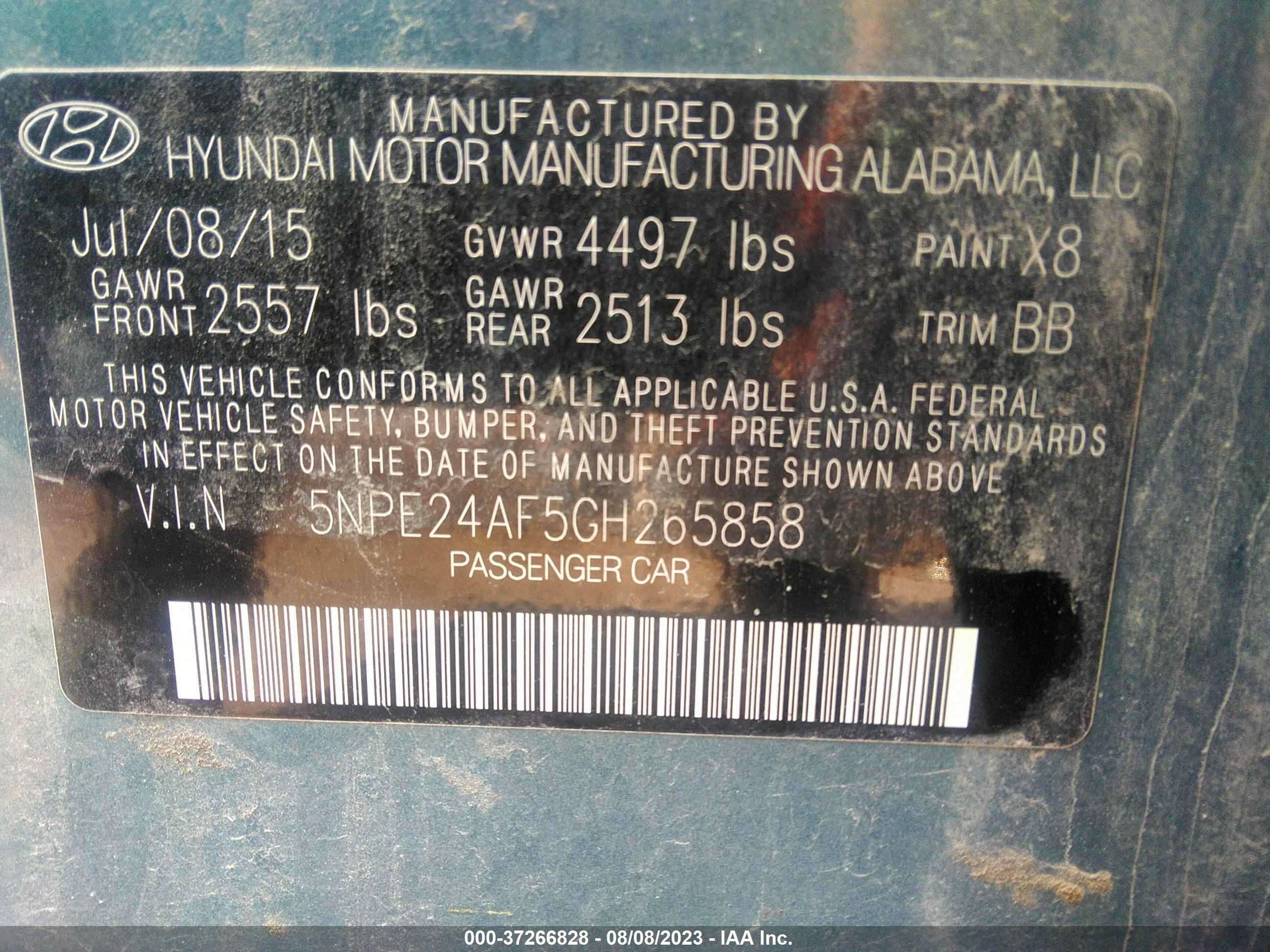 Photo 8 VIN: 5NPE24AF5GH265858 - HYUNDAI SONATA 