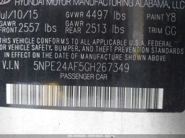 Photo 8 VIN: 5NPE24AF5GH267349 - HYUNDAI SONATA 