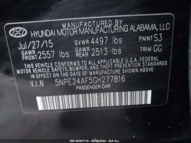 Photo 8 VIN: 5NPE24AF5GH277816 - HYUNDAI SONATA 