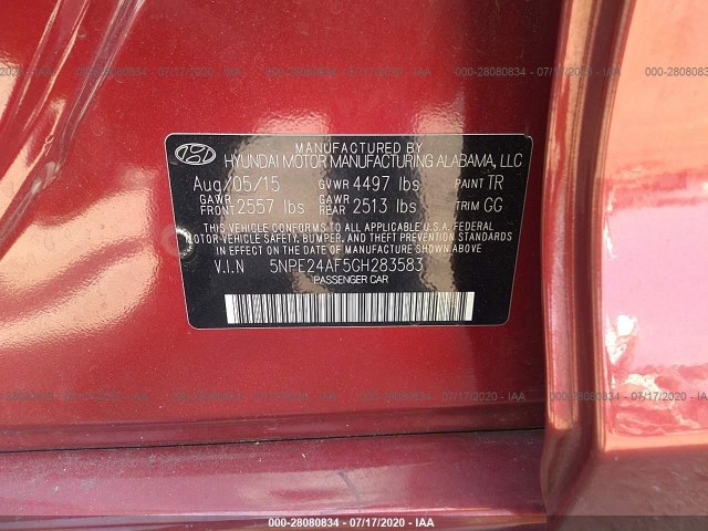 Photo 8 VIN: 5NPE24AF5GH283583 - HYUNDAI SONATA 