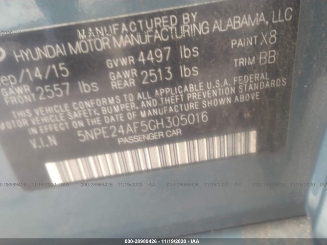 Photo 8 VIN: 5NPE24AF5GH305016 - HYUNDAI SONATA 