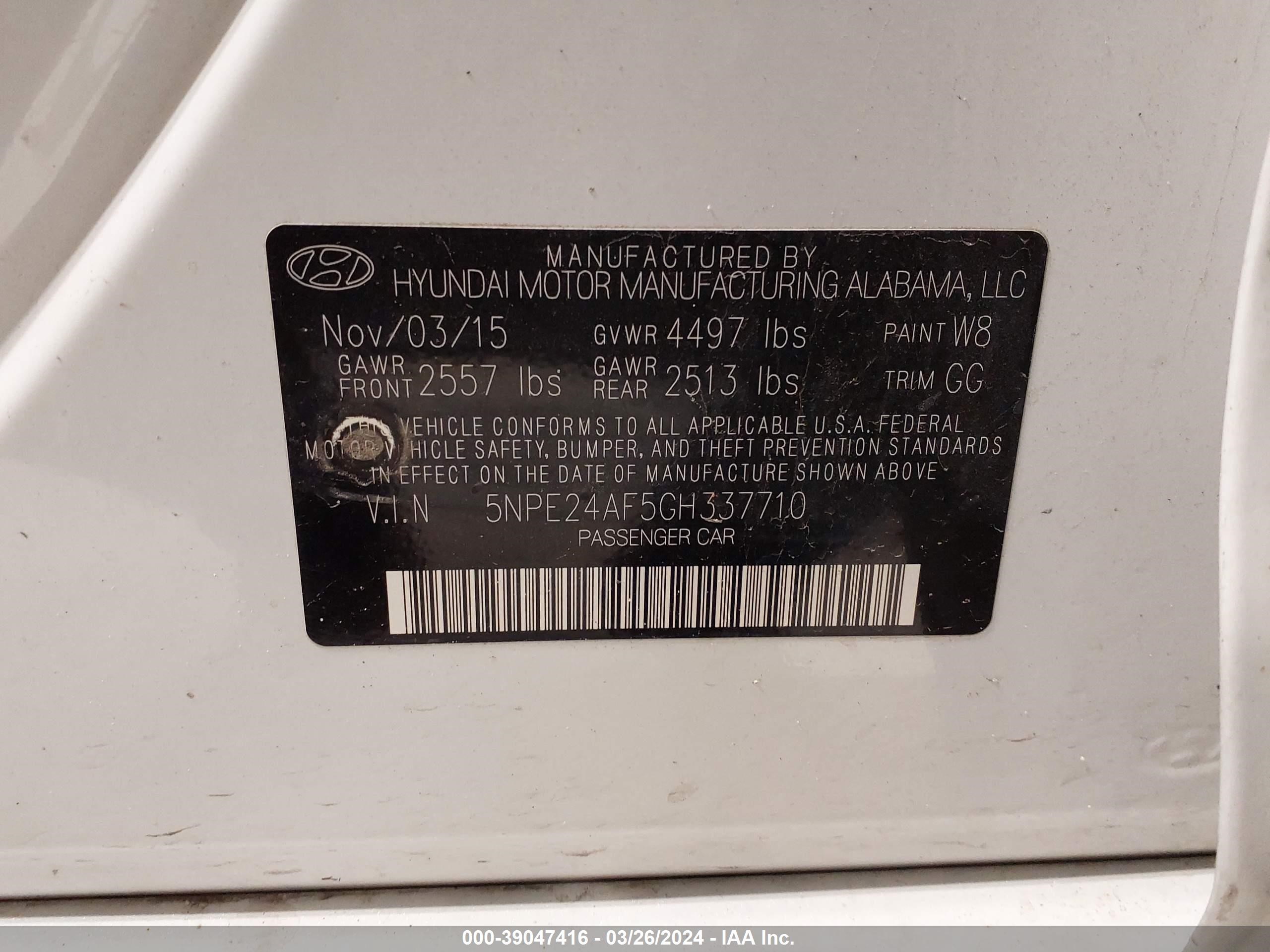 Photo 8 VIN: 5NPE24AF5GH337710 - HYUNDAI SONATA 