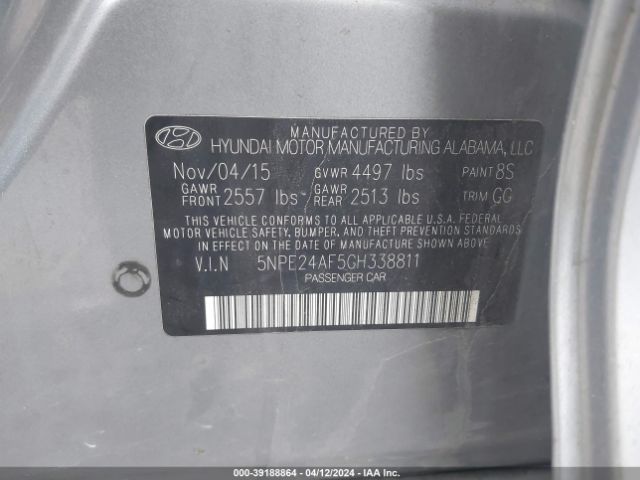 Photo 8 VIN: 5NPE24AF5GH338811 - HYUNDAI SONATA 