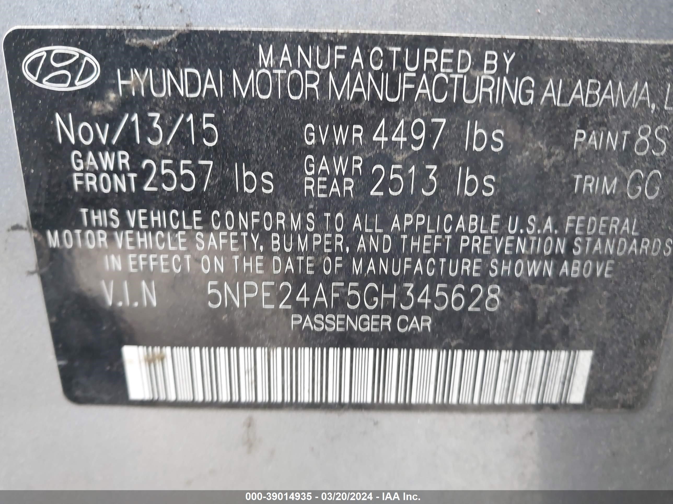 Photo 8 VIN: 5NPE24AF5GH345628 - HYUNDAI SONATA 