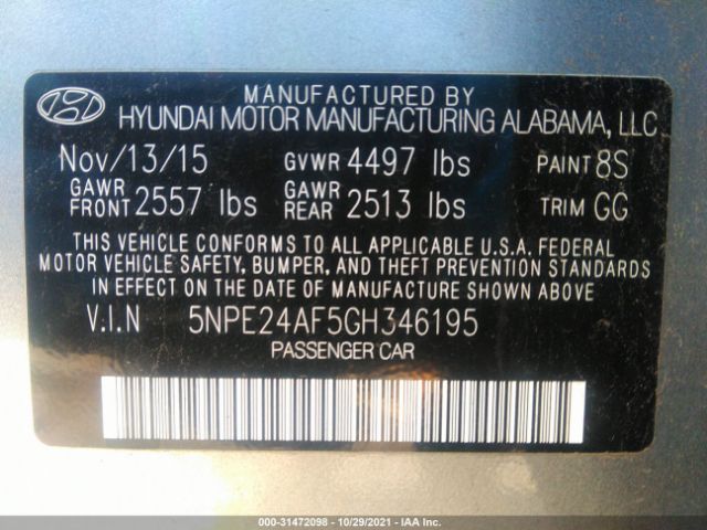 Photo 8 VIN: 5NPE24AF5GH346195 - HYUNDAI SONATA 