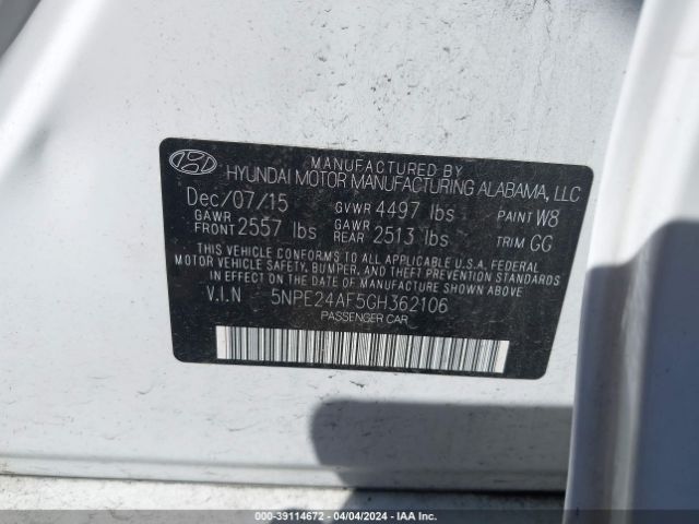 Photo 8 VIN: 5NPE24AF5GH362106 - HYUNDAI SONATA 