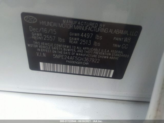 Photo 8 VIN: 5NPE24AF5GH367922 - HYUNDAI SONATA 