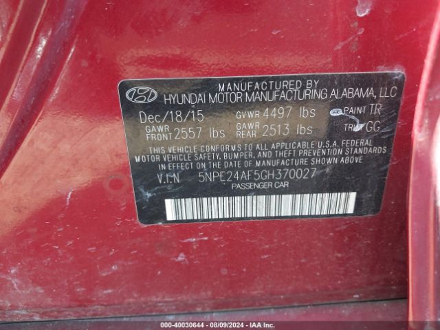 Photo 8 VIN: 5NPE24AF5GH370027 - HYUNDAI SONATA 