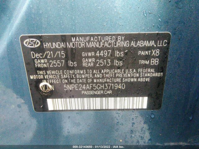 Photo 8 VIN: 5NPE24AF5GH371940 - HYUNDAI SONATA 