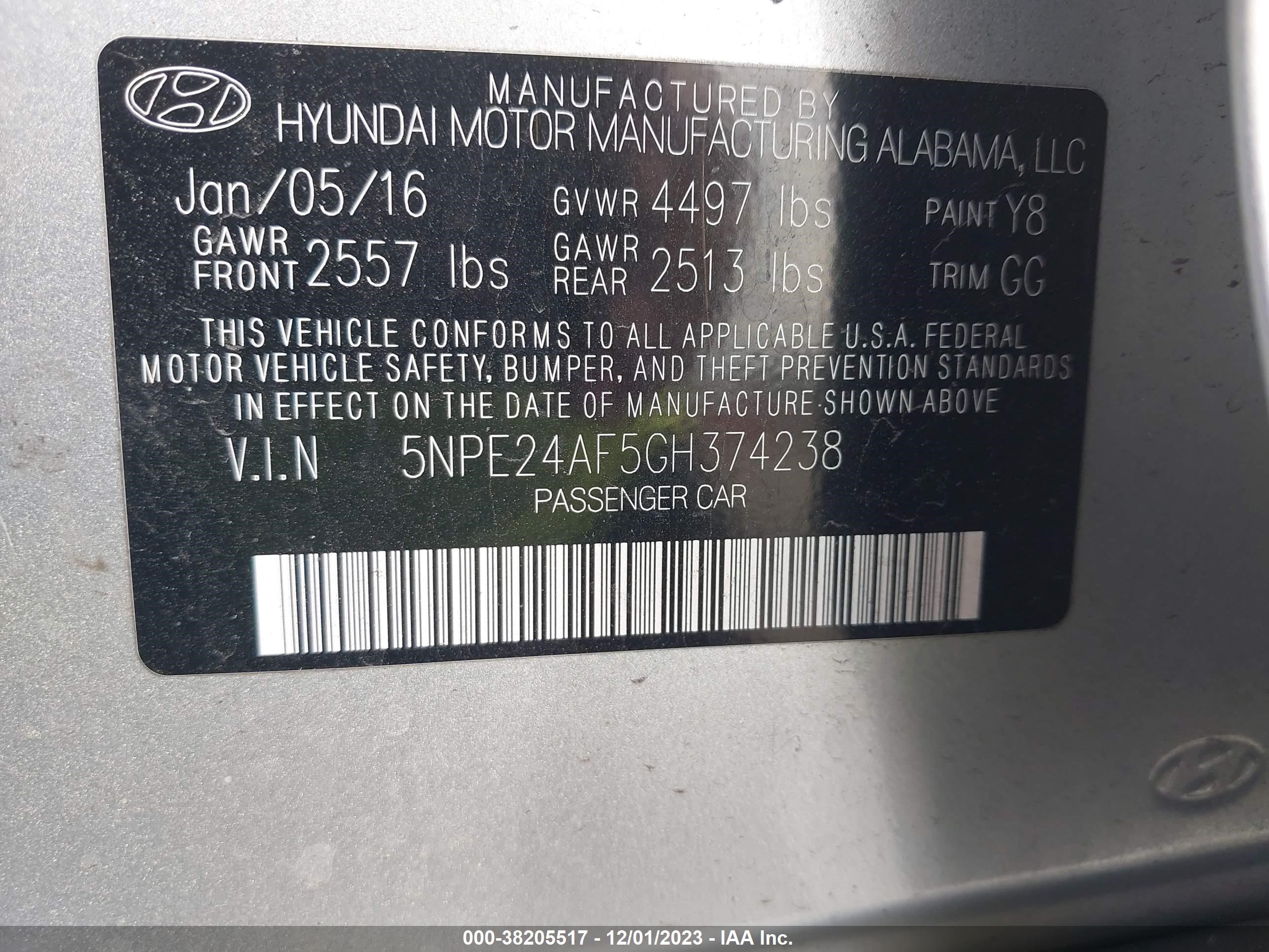 Photo 8 VIN: 5NPE24AF5GH374238 - HYUNDAI SONATA 